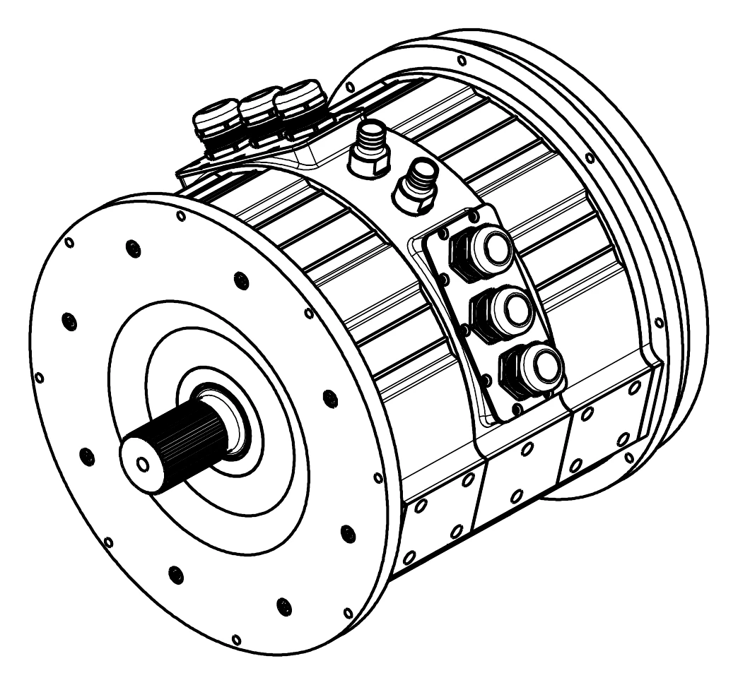 Line drawing of the motor: a cylindrical ribbed housing with a large front flange, a splined output shaft, cable glands and two coolant fittings on top, and a connector panel on the side